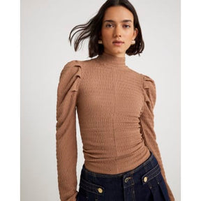 Beige Long Sleeve Ruched Shoulder Top