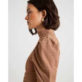 Beige Long Sleeve Ruched Shoulder Top