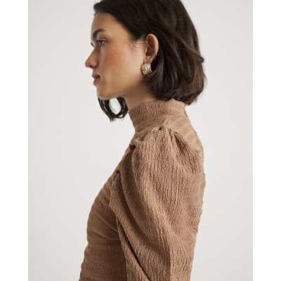 Beige Long Sleeve Ruched Shoulder Top