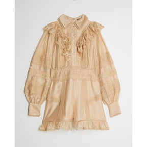 Beige Long Sleeve Ruffle Front Playsuit