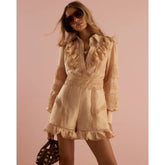 Beige Long Sleeve Ruffle Front Playsuit