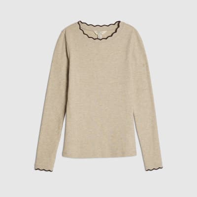 Beige Long Sleeve Scallop Trim Top