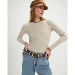 Beige Long Sleeve Scallop Trim Top