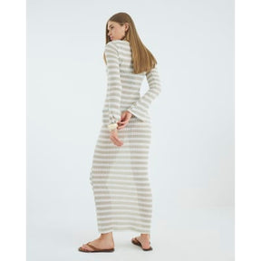Beige Long Sleeve Stripe Tie Front Maxi Dress