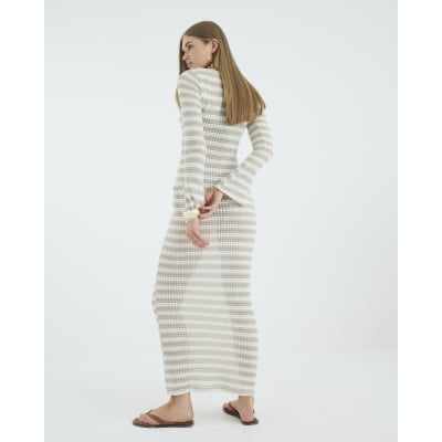 Beige Long Sleeve Stripe Tie Front Maxi Dress