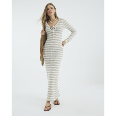 Beige Long Sleeve Stripe Tie Front Maxi Dress