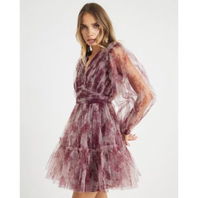 Beige Long Sleeve Tulle Floral Mini Dress