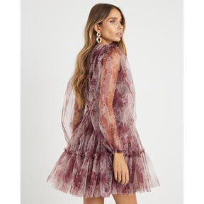 Beige Long Sleeve Tulle Floral Mini Dress