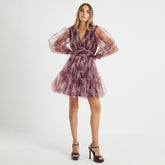 Beige Long Sleeve Tulle Floral Mini Dress