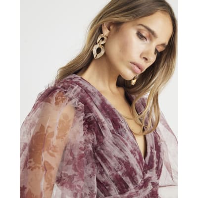 Beige Long Sleeve Tulle Floral Mini Dress