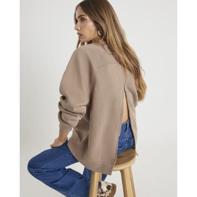 Beige Long Sleeve Zip Back Sweatshirt