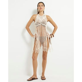 Beige Macrame Halter Neck Pearl Trim Top