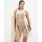 Beige Macrame Halter Neck Pearl Trim Top
