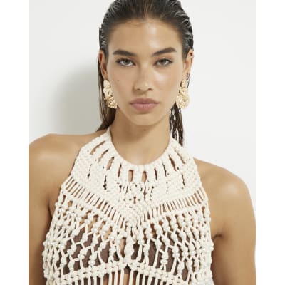 Beige Macrame Halter Neck Pearl Trim Top