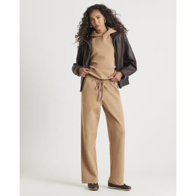 Beige Neoprene Diamante Embellished Joggers