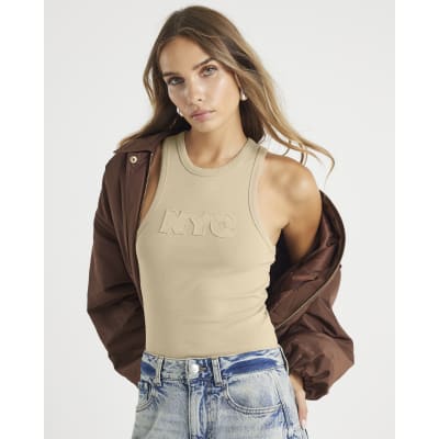 Beige NYC Applique Raw Edge Tank Top