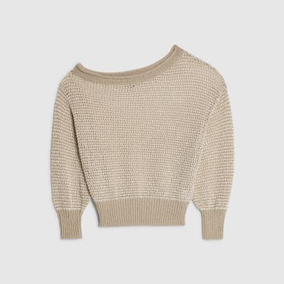 Beige Open Stitch Knitted Off Shoulder Top