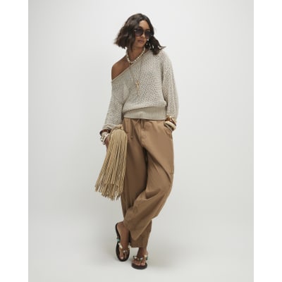 Beige Open Stitch Knitted Off Shoulder Top