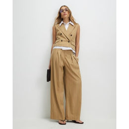Beige Pinstripe Wide Leg Trousers