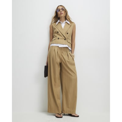 Beige Pinstripe Wide Leg Trousers