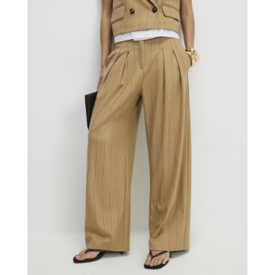 Beige Pinstripe Wide Leg Trousers