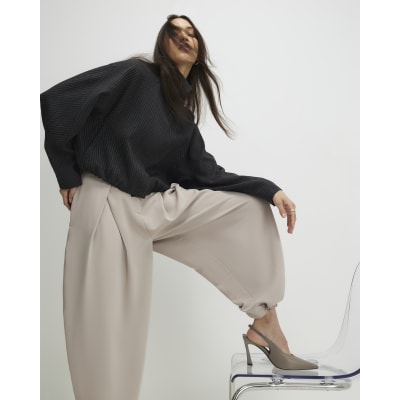 Beige Pleat Detail Tapered Trousers