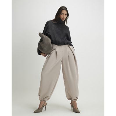 Beige Pleat Detail Tapered Trousers