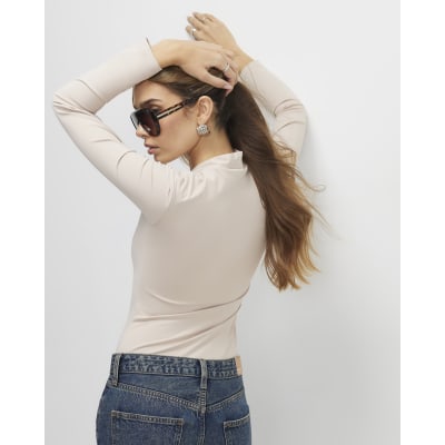 Beige Plunge Neckline Long Sleeve Bodysuit