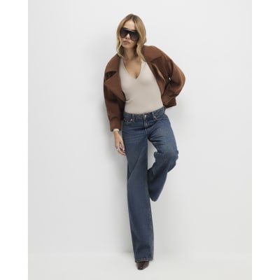 Beige Plunge Neckline Long Sleeve Bodysuit