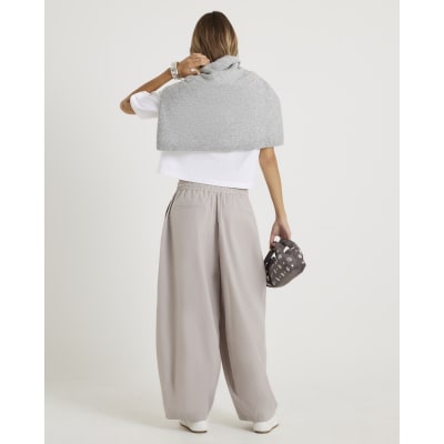 Beige Poplin Barrel Leg Trousers