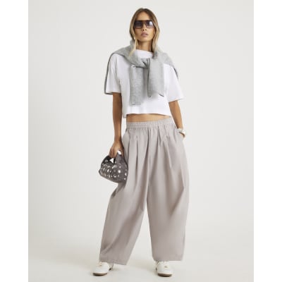 Beige Poplin Barrel Leg Trousers