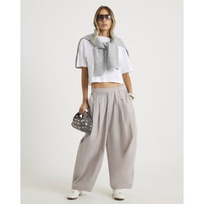 Beige Poplin Barrel Leg Trousers