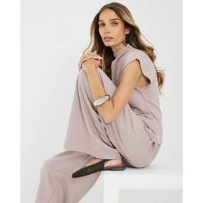 Beige Premium High Neck Short Sleeve Top
