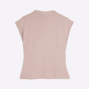 Beige Premium High Neck Short Sleeve Top
