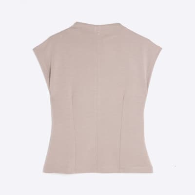 Beige Premium High Neck Short Sleeve Top