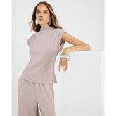 Beige Premium High Neck Short Sleeve Top