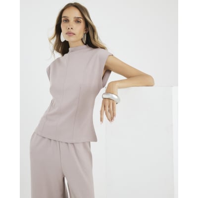 Beige Premium High Neck Short Sleeve Top