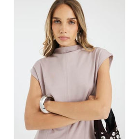 Beige Premium High Neck Short Sleeve Top