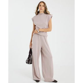 Beige Premium High Waisted Wide Leg Joggers