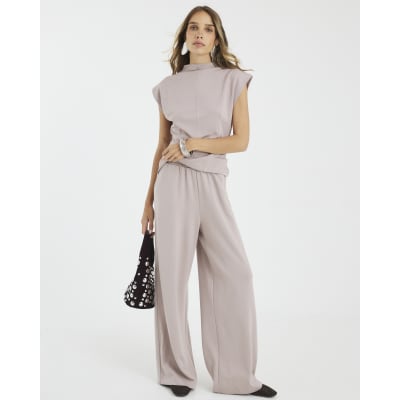 Beige Premium High Waisted Wide Leg Joggers