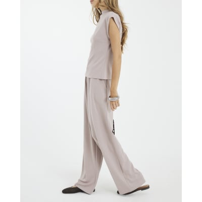 Beige Premium High Waisted Wide Leg Joggers