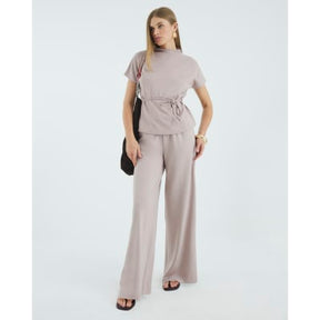 Beige Premium Short Sleeve Belted T-Shirt