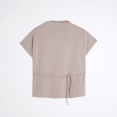 Beige Premium Short Sleeve Belted T-Shirt