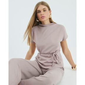 Beige Premium Short Sleeve Belted T-Shirt