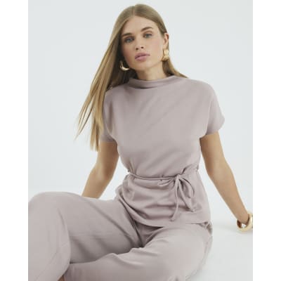 Beige Premium Short Sleeve Belted T-Shirt
