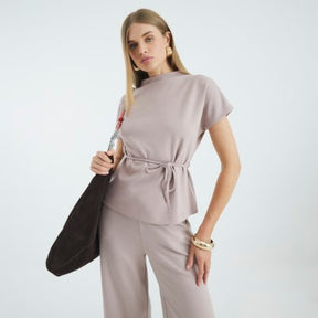 Beige Premium Short Sleeve Belted T-Shirt