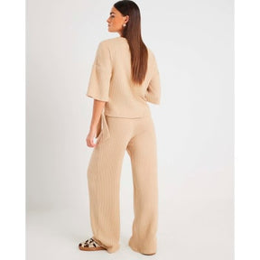 Beige Ribbed Wide Leg Trousers