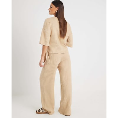 Beige Ribbed Wide Leg Trousers
