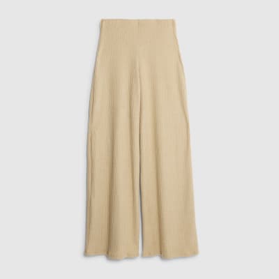 Beige Ribbed Wide Leg Trousers