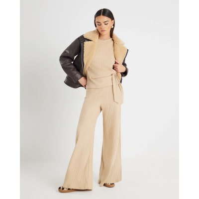 Beige Ribbed Wide Leg Trousers